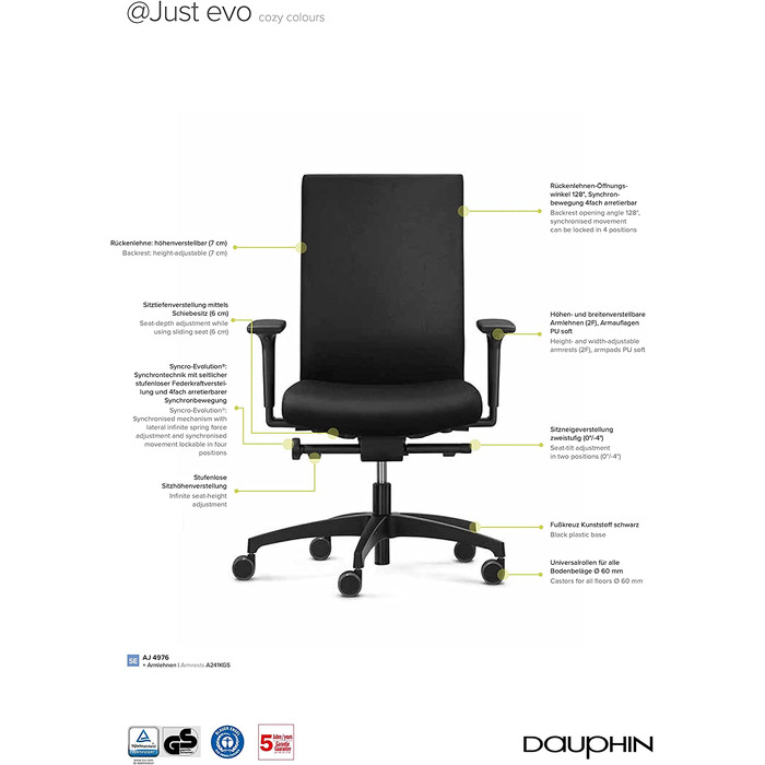 Ергономічне офісне крісло Dauphin just evo Cozy Colours, обертове крісло для роботи та дому (чорне)