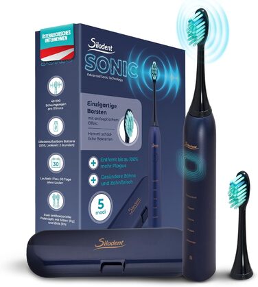 Електрична зубна щітка Silodent Midnight Blue з антисептичною щетиною. 5 програм, Power-батарея, чохол для подорожей. Тестовий лідер, 100 днів без ризику.