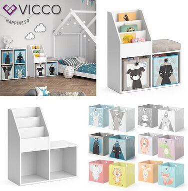 Дитяча книжкова полиця Vicco Luigi, біла, 72x79 см, з 2 складними коробками з малюнком песика та котика