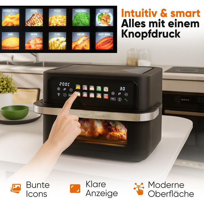Аерофритюрниця ProfiCook PC FR 1313 H XXL з двома камерами, 10 л, 2400 Вт, сенсорний дисплей, 10 програм, чорна
