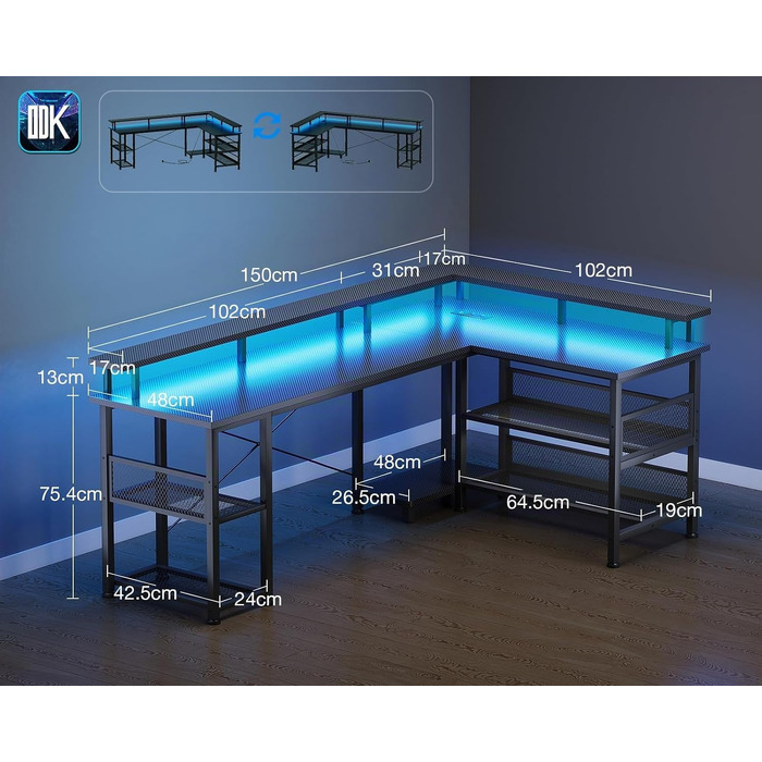 Ігровий кутовий стіл ODK з LED-підсвіткою та USB-портом, 168×120 см, чорний вугіль (карбон)