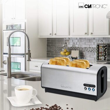 Тостер Clatronic TA 3687 для 4 тостів, довгий слот, функції розморожування, підігріву, швидкої зупинки, регульований ступінь підсмажування, центрування, корпус з нержавіючої сталі, чорний