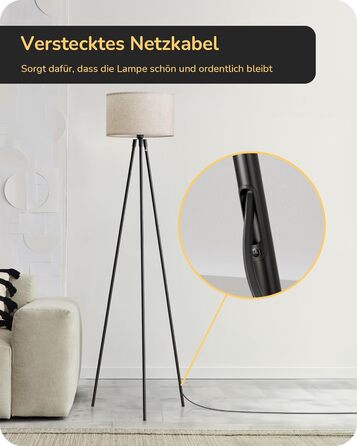 Торшер EDISHINE для вітальні, металевий триногий, з диммуванням LED, керування пультом, лляний абажур, лампа для читання у спальню та дитячу, чорний, E27 LED у комплекті