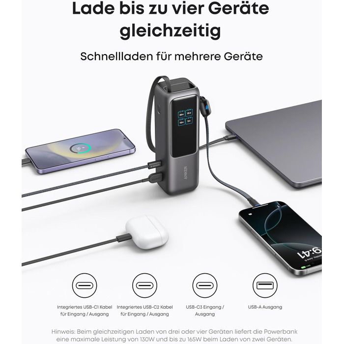 Powerbank Anker 25000mAh з 3 портами USB-C 100W, вбудований кабель, для iPhone, MacBook, Samsung