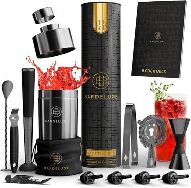 Барний набір BarDeluxe 12 предметів: шейкер 750 мл з нержавіючої сталі, чорний металік, комплект для коктейлів з сумкою, подарунковий набір для бармена