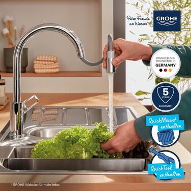 Змішувач кухонний GROHE StartLoop з висувним душем, поворотний на 360°, економний, хром (30556000)