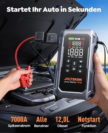 Пусковий пристрій (бустер) 7000A для авто: Powerbank для бензинових та дизельних двигунів (до 12.0L), з компресором 160 PSI, надувним насосом, LED-ліхтарем 800 Лм та LCD-дисплеєм