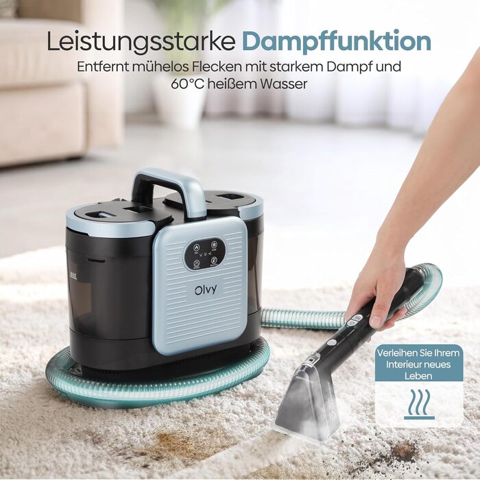 Olvy Teppichreiniger PRO: професійний пароочисник для килимів та м'яких меблів, 1650W. Включає миючий засіб. Підходить для чищення диванів, матраців та оббивки.