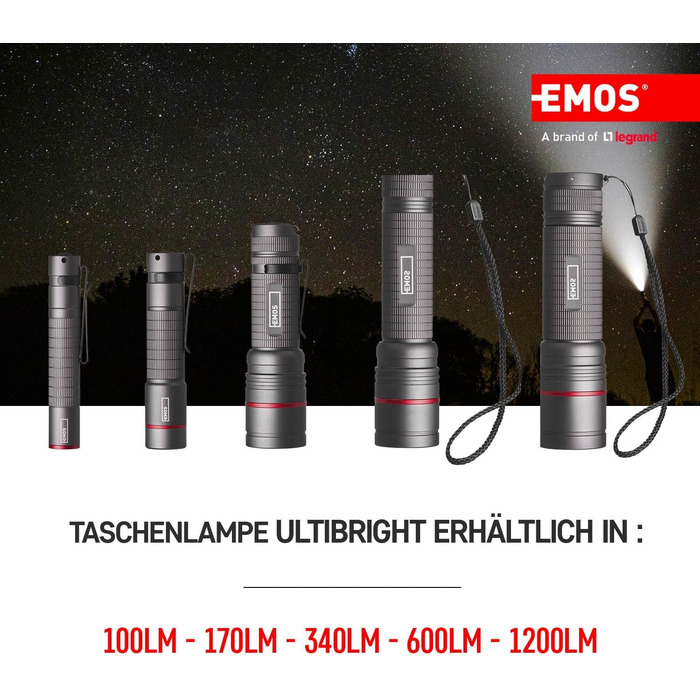 Ліхтарик EMOS акумуляторний CREE LED металевий з фокусом Ultibright 80, 3 режими, ударостійкий, водонепроникний, 600 люмен, до 230 м, з ремінцем і чохлом, для дому та вулиці, сірий