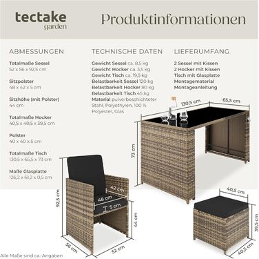 Садовий комплект меблів з поліратану tectake, 5 предметів: стіл, крісла, пуфи, обідня зона для 4 осіб, меблі для саду та балкона з подушками, натуральний колір