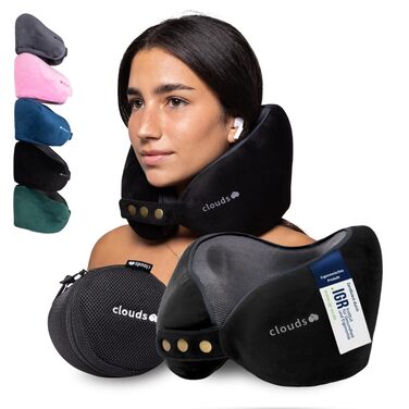 Подорожня подушка для шиї CLOUDS з ефектом пам'яті (Memory Foam) для літака та авто, регульована, дихаюча тканина, розмір S/M, чорна