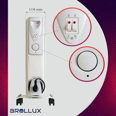 Електричний масляний радіатор BROLLUX 1500W, мобільний обігрівач з 7 секціями та термостатом