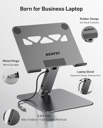 Підставка для ноутбука BENFEI з док-станцією USB-C 6-в-1: HDMI (4K@60Hz), Gigabit LAN, 100W Power Delivery, 10Gbps (1x USB-C 3.2 & 2x USB-A 3.2) – сумісна з MacBook Pro/Air, iPad Pro, XPS, ThinkPad