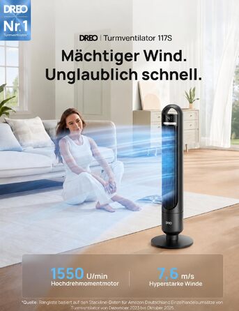 Вентилятор підлоговий DREO Smart Tower 91.5 см: тихий, з пультом, WiFi, Alexa/Google, 90° осциляція, 4 режими, таймер 8 год, для дому/офісу (чорний)