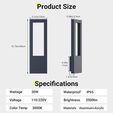 Стіна LED-світильник Aipsun 30W зовнішній, тепле біле світло 3000K, водонепроникний IP65, прямокутний настінний світильник з алюмінію для гаража та коридору, антрацит