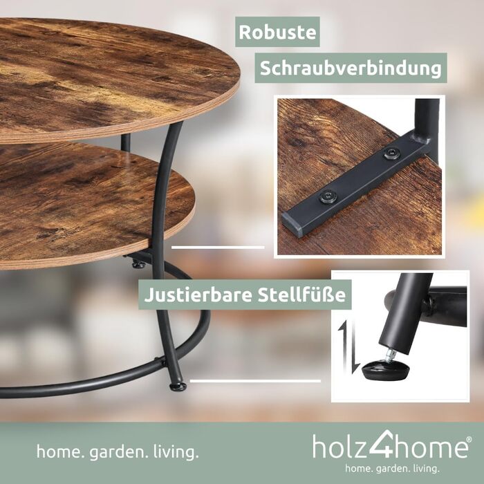 Журнальний стіл holz4home Lillie круглий, з полицею, індустріальний стиль, легка збірка, коричневий