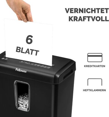Шредер Fellowes Powershred FS-6C для дому та офісу, знищення документів (P4, 6 листів, перехресне подрібнення), чорний, 15л корзина, знищує картки та скріпки