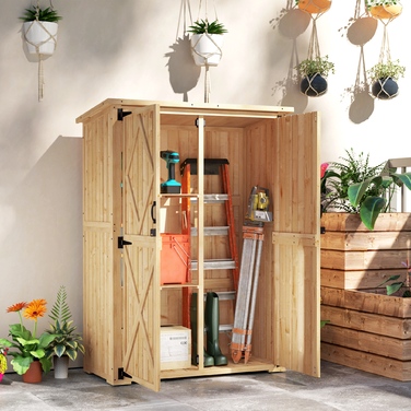 Outsunny Garden Шафа з дерева, Садовий сарай з подвійними дверима з асфальтовим дахом, що замикається, 116,5x57x167см, Атмосферостійка садова шафа, Садовий сарай Садовий сарай для саду, тераси, натуральне дерево
