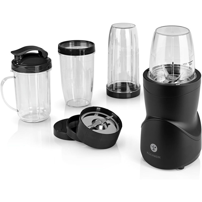 Блендер KOCHWERK Smoothie Maker 12-в-1, 4 чаші, To-Go кришка, подрібнення льоду, для фруктів, овочів і горіхів, міні-стаціонарний, BPA-Free, чорний