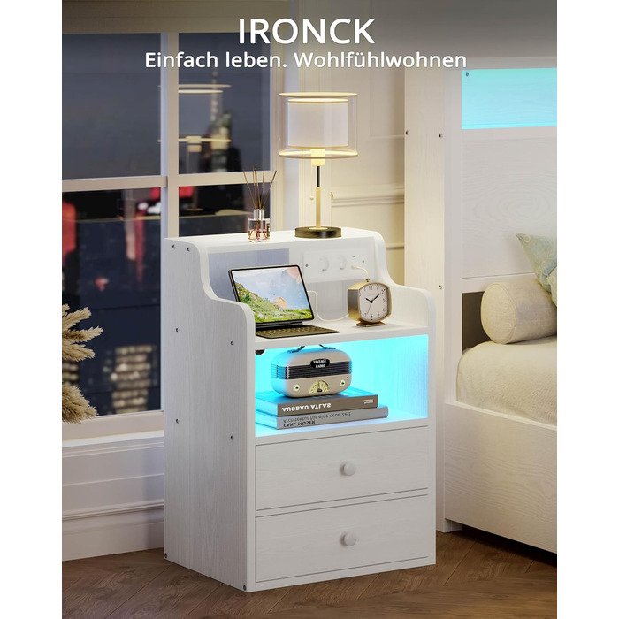 Нічний столик IRONCK з LED-підсвіткою, розеткою та функцією зарядки, з ящиками, білий.