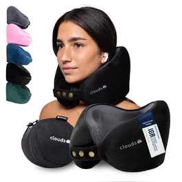 Подорожня подушка для шиї CLOUDS з ефектом пам'яті (Memory Foam) для літака та авто, регульована, дихаюча тканина, розмір S/M, чорна