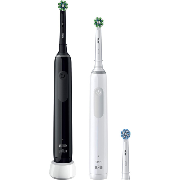 Електричні зубні щітки Oral-B Pro 3 3900, набір з 2 шт. та 3 змінними насадками, 3 режими чищення, 360° контроль тиску, White/Black