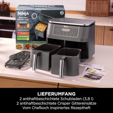 Аерофритюрниця Ninja Dual Zone DZ400EU з двома кошиками, 9.5л, 6-в-1, цифрова керування, Metallic Grau