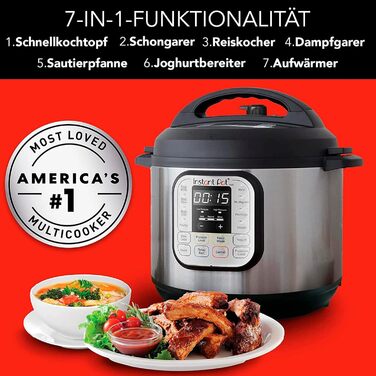 Електрична мультиварка Instant Pot Duo 80, 7,6 л, 1200 Вт, нержавіюча сталь, 7-в-1: скороварка, повільноварка, рисоварка, сотейник, йогуртниця, пароварка та стерилізатор, срібляста