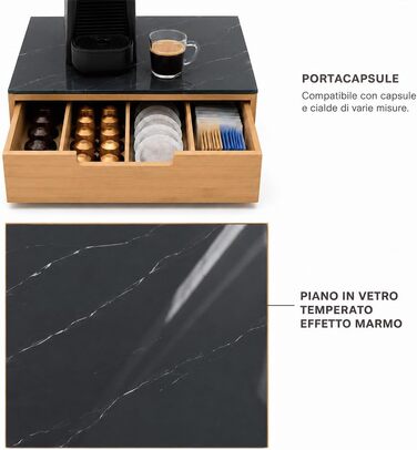 Держак для кавових капсул BAKAJI з шухлядою з бамбукового дерева для Nespresso, Dolce Gusto, Modomio, Lavazza, чайних пакетів та цукру, чорний (31,5 x 30 x 10 см)