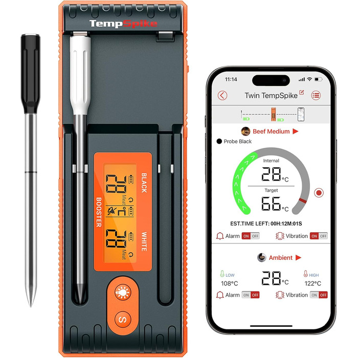 Бездротовий м'ясний термометр ThermoPro Twin TempSpike 150м Bluetooth з підставкою-дисплеєм для духовки, гриля, ростера, сірий, безпечний для посудомийки