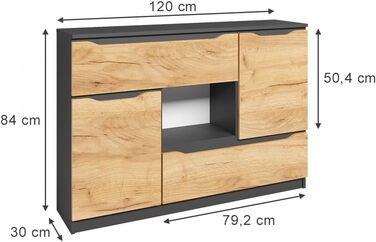 Комод Vicco Ruben антрацит/дуб Goldkraft, 120x84 см, з 2 шухлядами