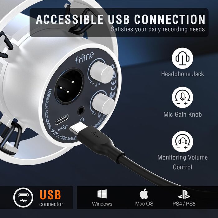 Динамічний XLR USB-мікрофон FIFINE для студії, стрімінгу, подкастів, геймінгу, ПК, PS4/5, Mac, мікшерів і звукових карт, білий
