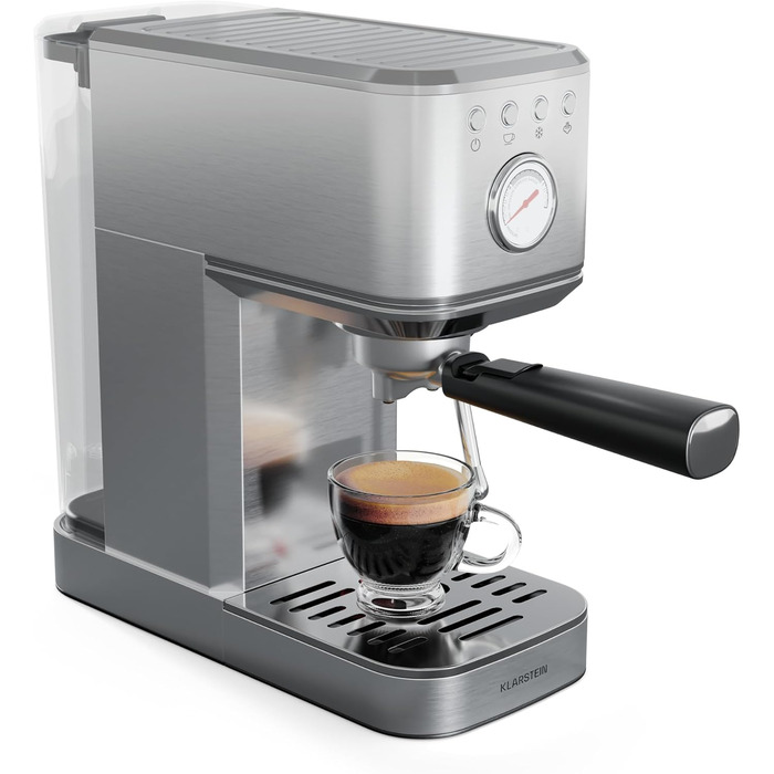 Еспресо-машина Klarstein SteelPresso Slim, 20 Бар, 1350 Вт, нержавіюча сталь, 1,2 л, з паровою насадкою, компактна, проста у використанні