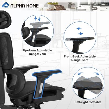 Ергономічне офісне крісло ALPHA HOME з підніжкою, регульованим підголівником і 3D підлокітниками, дихаючий комп'ютерний стілець для керівника, висока спинка, вантажопідйомність до 160 кг, чорний