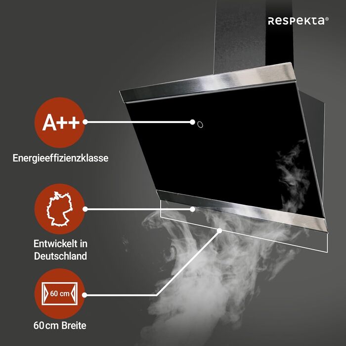 Похила витяжка Respekta CH89060S 60 см, чорне скло та нержавіюча сталь, режим відведення та рециркуляції повітря, клас A++, Generation 2