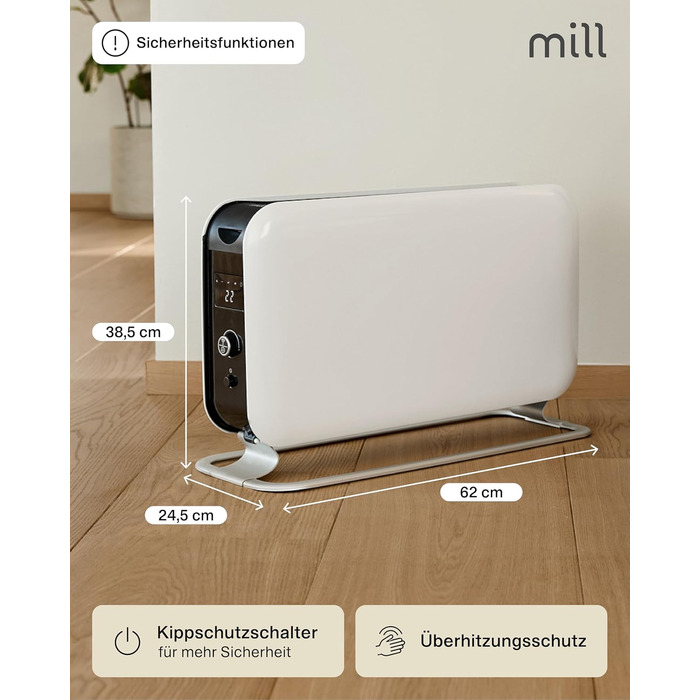 Електричний конвекторний обігрівач Mill 2200W для приміщень 26-30 м² з таймером, білий