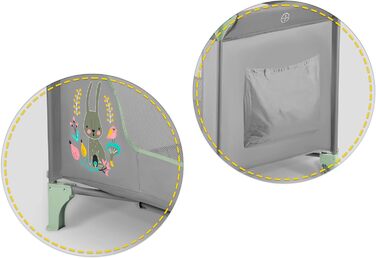 Дитяче ліжечко-манеж Ricokids, складне, з матрацом, 125x65x78 см, 15 кг, дві колеса з гальмами, знімний бічний вхід, сумка, світло-сірий та м'ятний колір
