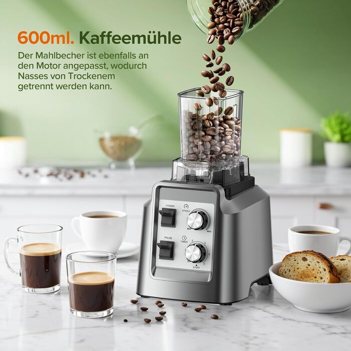 Блендер Teendow Standmixer 1800W зі скляною колбою 2л + кавомолка 600мл, срібний. Для смузі, льоду та заморожених фруктів, без BPA