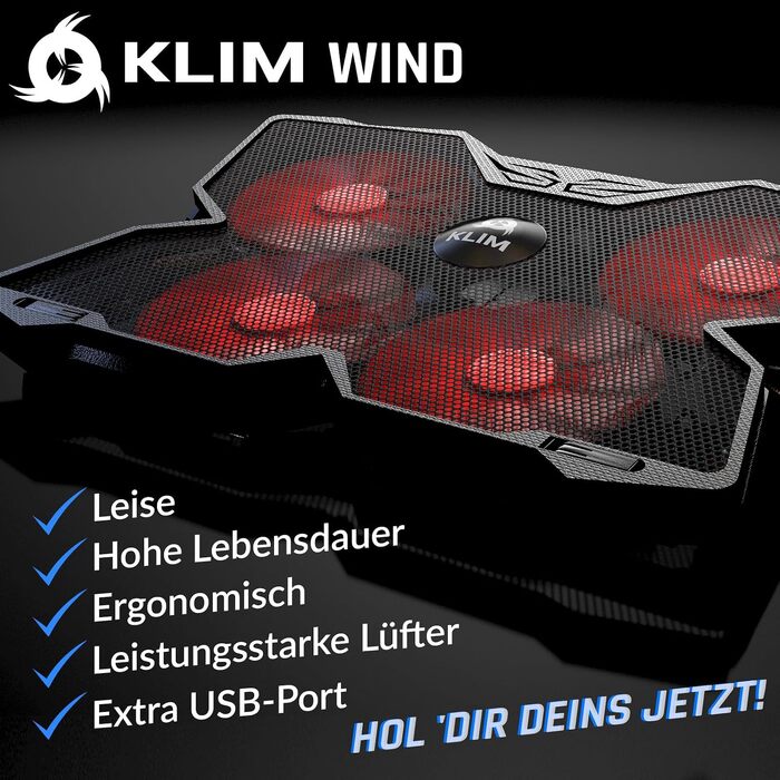 Охолоджуюча підставка для ноутбука KLIM Wind (15-17 дюймів) з 4 вентиляторами, USB-живлення, червоно-чорна