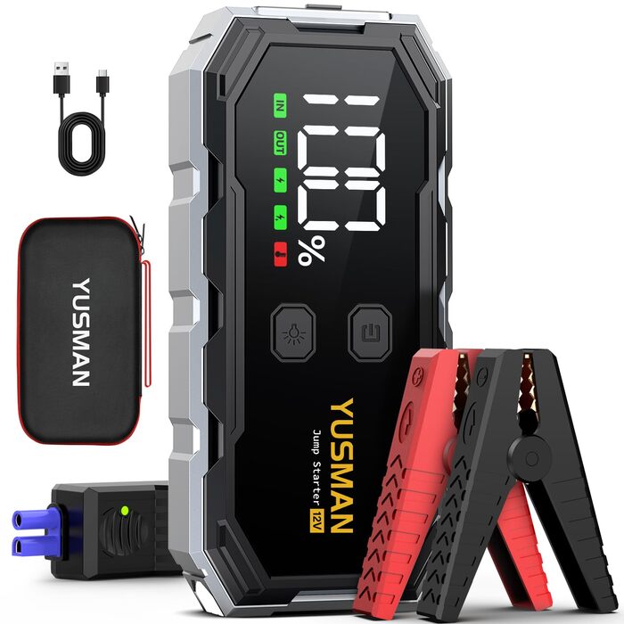 Портативний зарядний пристрій (Powerbank) Starthilfe для автомобілів | 8000A, бустер для акумулятора, LED-ліхтарик, дисплей, кабелі – для SUV, мотоциклів, газонокосарок Black