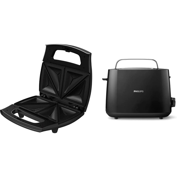 Сендвічниця Grundig SWM2940 з нержавіючої сталі, чорна + тостер Philips на 2 скибки, 8 режимів, функція розморожування, підйом, автоматичне вимкнення, чорний (HD2581/90), комплект