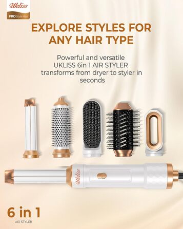 UKLISS 6-в-1 Hairstyler: Фен-щітка для укладки волосся з гарячим повітрям, автоматична, Pro (біло-сірий)