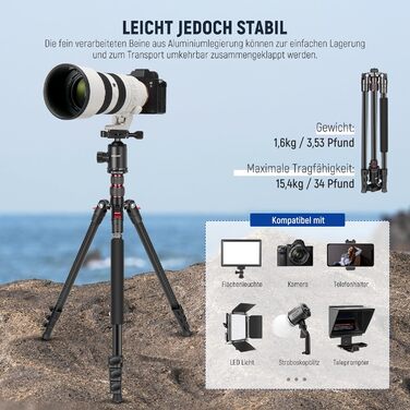 NEEWER 77'' штатив-монопод для DSLR і телефону, алюмінієвий, з 360° панорамною головкою, 2-осьовою центральною колоною, Arca QR, до 15,4 кг, сумка