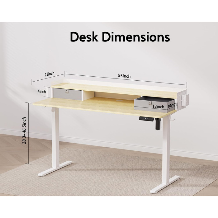 Електричний стіл-трансформер WALKINGDESK з дуба, 140x61 см, регульований письмовий стіл із 2 шухлядами для домашнього офісу, ергономічний стіл-сидячи-стоячи з полицею, тримачем для ручок та гачками