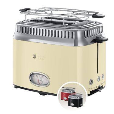 Тостер Russell Hobbs Retro 21680-56 нержавіюча сталь, 2 відділення, кремовий. З підставкою для булочок, 6 режимів, розморожування та підігрів, 1300 Вт