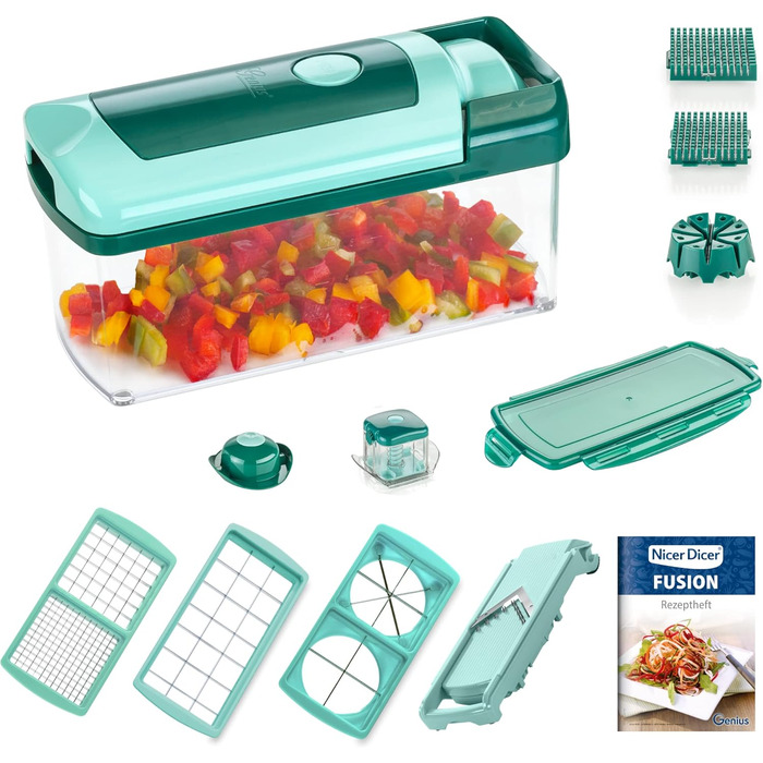 Набір для нарізки овочів Genius Nicer Dicer Fusion, 13 частин, смарагдовий, для нарізки, тертя, кубиків, кухонний аксесуар, 26.5 x 11.5 x 14.5 см