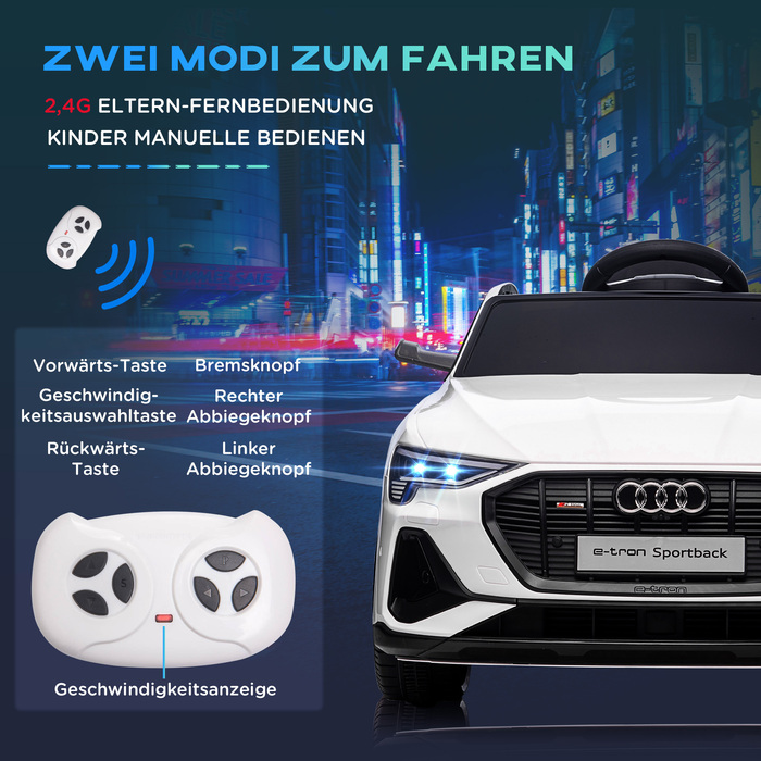 HOMCOM Електромобіль для дітей 12V, модель Audi E-tron з дистанційним керуванням, ременем безпеки, музикою (MP3/USB/TF), ідеальний для дітей 3-5 років, максимальна швидкість 3-5 км/год, колір – білий.