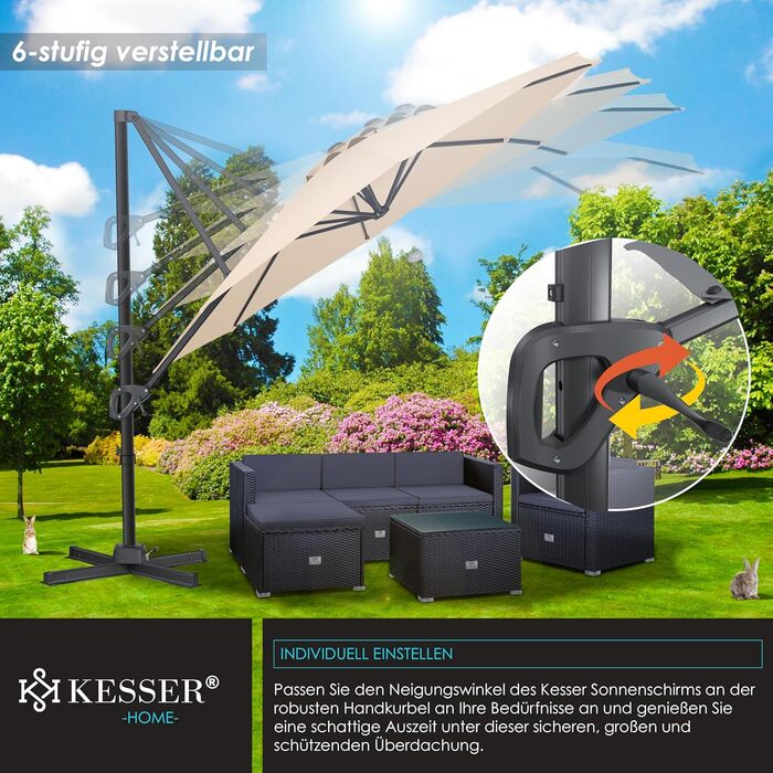 Парасолька для саду KESSER SUN XL 330 см, кругла, беж, з чохлом, 7-позиційна, нахил, 360° обертання, з вітрозахистом, ручка, UV50+