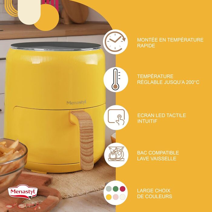 Аерофритюрниця MENASTYL Colorama Safran: безмасляна фритюрниця на 4,5 л, 8 програм, до 200°C, таймер на 1 годину, без PFAS, з мийкою кошика та решітки