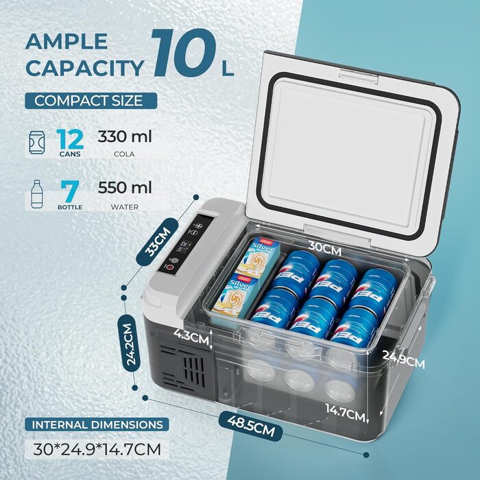 Автомобільний компресорний холодильник-морозильник EUHOMY 10Л (-20°C ~ 20°C), керування через додаток, 12/24V DC та 110-240V AC, швидке охолодження, ECO/MAX режими, для кемпінгу та подорожей